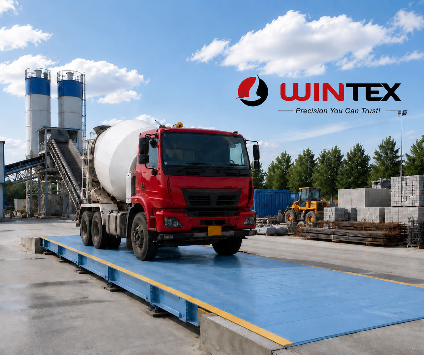 Wintex weighbridge supporting a concrete mixer truck at an industrial site